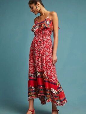 One September Anthropologie Red floral ruffle dress